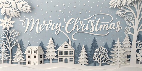 Delicate paper cutout winter village scene with merry christmas greeting amidst falling snowflakes and snowy trees