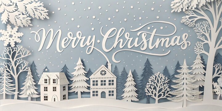 Delicate paper cutout winter village scene with merry christmas greeting amidst falling snowflakes and snowy trees