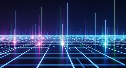 Abstract digital grid with glowing light beams representing data flow and technological advancements.