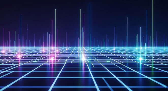 Abstract digital grid with glowing light beams representing data flow and technological advancements. - Powered by Adobe