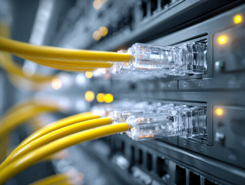 Yellow network cables plugged into multiple ports of high-tech servers inside a data center with glowing activity lights in a close-up perspective