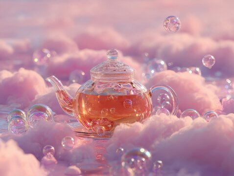 Glass Teapot Pink Drink Bubbles Floating Clouds Dreamlike Pastel Setting
