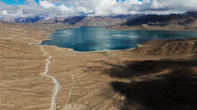 Aerial view of Yashilkul Lake near Bulunkul in the Pamir Mountains of Tajikistan. High-altitude turquoise waters travel destination adventure overland