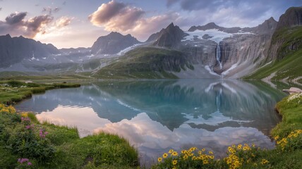 Serene alpine lake reflecting majestic mountains and a cascading waterfall at sunset nature landscape