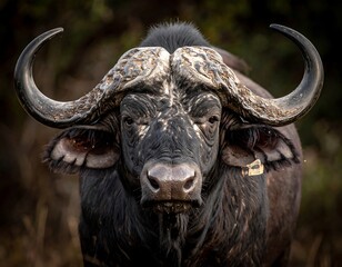 A close-up portrait of a Cape buffalo. The animal's powerful horns are prominently featured, looking directly at the viewer