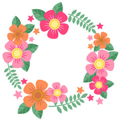 Colorful flower wreath with green leaves and star shapes illustration vector design perfect for decoration and greeting card
