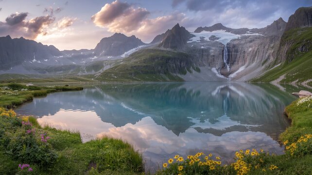 Serene alpine lake reflecting majestic mountains and a cascading waterfall at sunset nature landscape