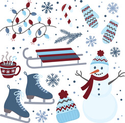 Wooden sled, snowman, ice skates, cup of cocoa, string of colorful lights, knitted hat, mittens and snowflakes. Cute collection of festive elements