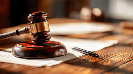 Wooden judge gavel resting on legal documents with reflective pen on a polished dark wood table in a courtroom setting symbolizing justice and law decisions