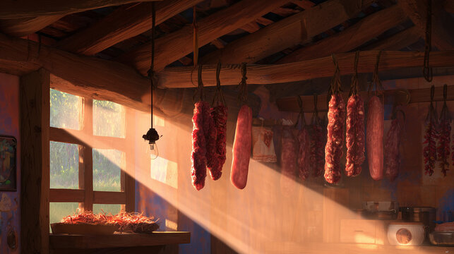 cured. Rustic kitchen with hanging cured meats and red peppers. menu design, packaging mockups, designed for food delivery and cloud-kitchen brand materials, used by curriculum designers.