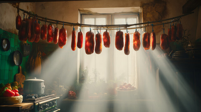 cured. Rustic kitchen with hanging cured meats and red peppers. menu design, packaging mockups, designed for food delivery and cloud-kitchen brand materials, used by curriculum designers.