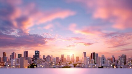 Fototapeta premium Vibrant Sunset Over Modern City Skyline with Colorful Clouds and Tall Buildings Reflecting Sunlight in an Urban Landscape