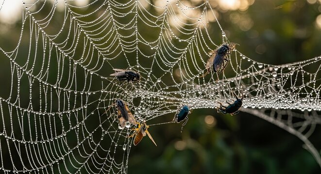 Spiderweb with morning dew drops and captured insects in nature.