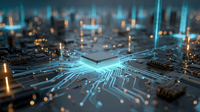 Futuristic glowing microchip at the center of a circuit board with blue light trails and electronic components symbolizing advanced technology and connectivity