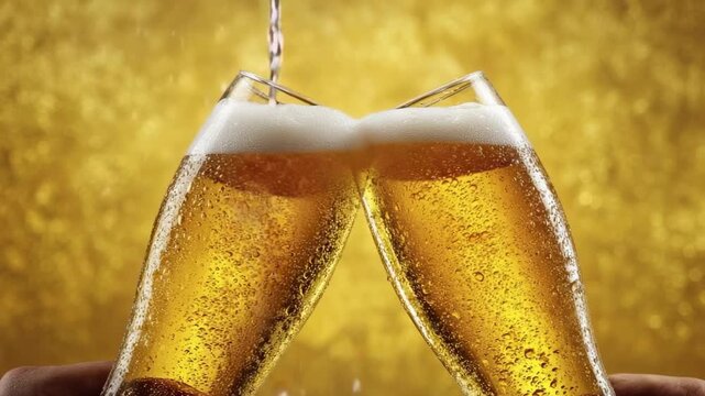 Two chilled beaded glasses of golden beer clink together in a toast against a golden bokeh background