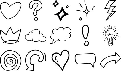 A set of simple black and white hand drawn doodles including hearts, question marks, stars, lightning, clouds, and more.