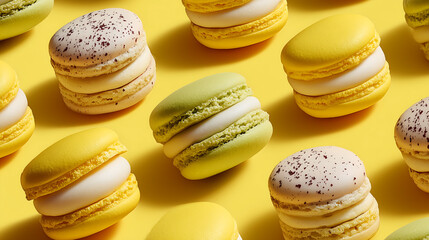 soft yellow background with vibrant macarons arranged in a playful pattern