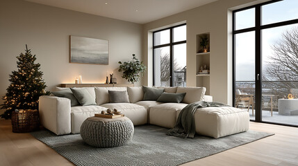 modern Scandinavian living room with subtle Christmas decor