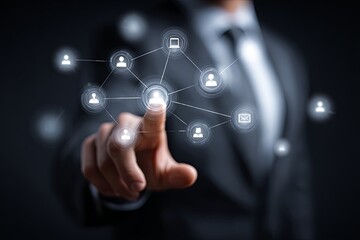 Fototapeta premium Businessman Offering Digital Connectivity with User Icons in Modern Marketing and Technology Concept for Networking and Collaboration in Dark Background