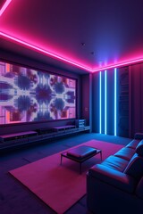 AI Generative. Cyberpunk Home Theater Room with Neon Pink and Blue Lighting. 4