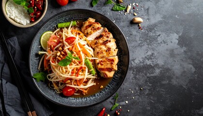 Top-down view of a meal with grilled, sliced meat, side of shredded vegetables, and a bowl of rice