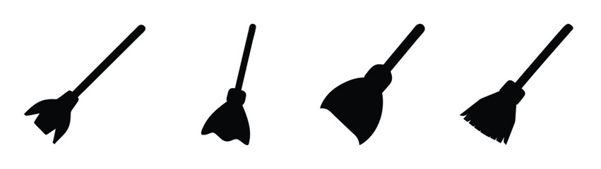 Collection of witch brooms for halloween decoration and party supplies silhouette vector illustration