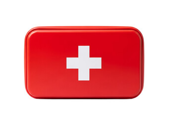 Fototapeta premium A red first aid kit with a white cross symbol stands out against a black background.