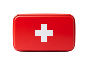 A red first aid kit with a white cross symbol stands out against a black background.