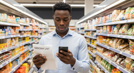Man checking grocery prices on phone, comparing items in supermarket aisle, budgeting and shopping efficiency