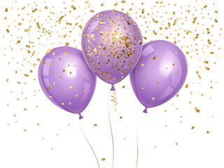 Three purple balloons with gold confetti isolated on transparent background