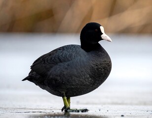 A close-up portrait of a dark-plumaged waterbird with a white beak and forehead, perched on a reflective, icy surface
