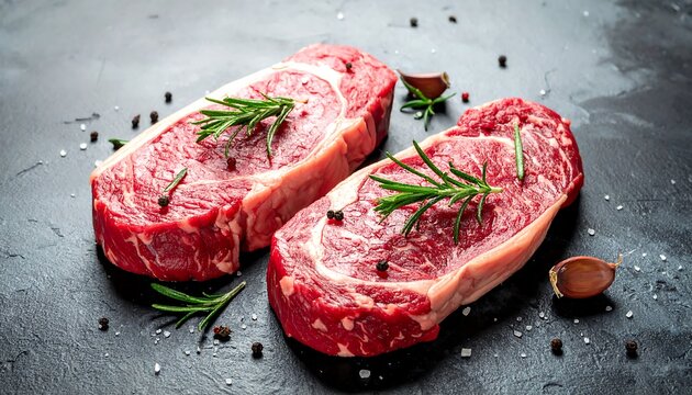 Two fresh, raw cuts of meat, seasoned with rosemary sprigs, peppercorns, and garlic cloves, arranged on a dark, textured surface - Powered by Adobe