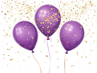 Three purple balloons with confetti isolated on transparent background