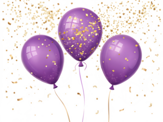 Three purple balloons with confetti isolated on transparent background