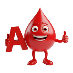 Cheerful red blood drop character holding letter A and giving thumbs up, perfect for health education and medical concepts