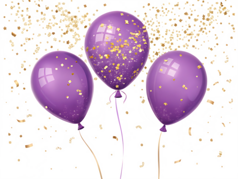 Three purple balloons with confetti isolated on transparent background