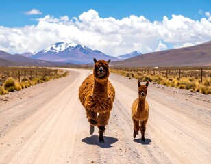 Two brown alpaca, a large one and a smaller one, run down a dusty road toward the camera, with mountains in the distance