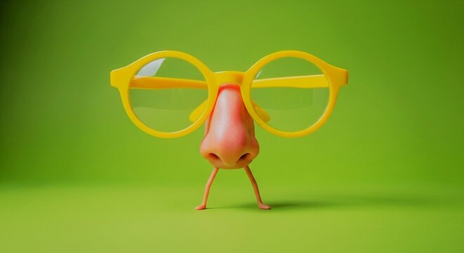 A comical fake nose with large yellow glasses and tiny legs against a bright green background.