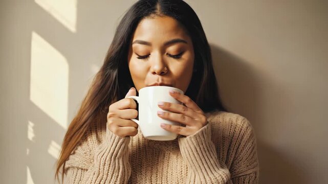 Charming moment of a woman enjoying coffee and relaxing indoors - Powered by Adobe