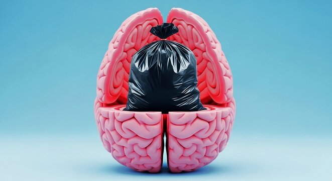 A stylized illustration of a human brain with a black garbage bag full of trash inside, symbolizing mental clutter or negative thoughts.