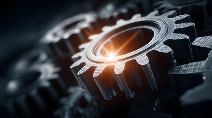Dynamic, high-tech image of interlocking metal gears and cogs, with a bright light flare emanating from the central mechanism, symbolizing innovation, engineering, and teamwork.