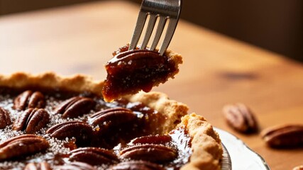 cinematic close up slow motion of a fork delicately scooping a piece of dark, glossy pecan pie, perfect for thanksgiving autumn dessert footage or holiday menu advertising