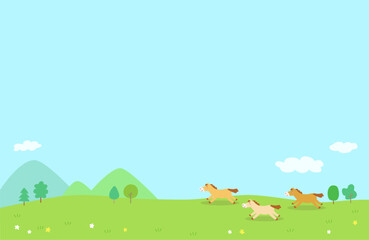 草原を走る馬たちの背景イラスト