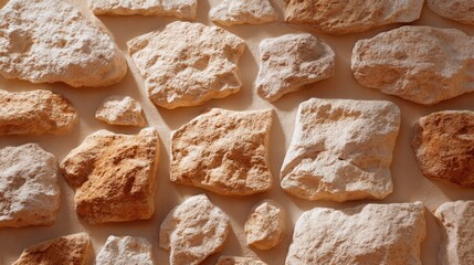 Detailed Close-Up of Natural Stone Wall with Varied Shapes, Textures, and Colors Perfect for Backgrounds and Architectural Visuals