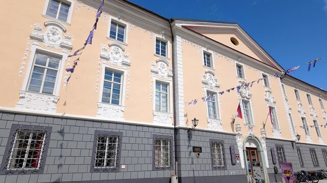 Main street of the pretty village of Radovljica with colorful houses, Slovenia.