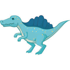 Blue cartoon dinosaur with yellow spots and a prominent dorsal sail stands on a transparent background in a playful pose with a friendly expression and pixelated art style