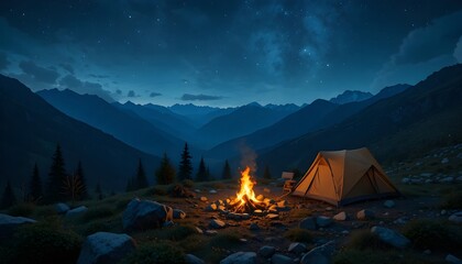 4K Night Camping in the Mountains with Bonfire and Tent under Starry Sky Looping Scenery