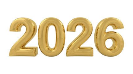 Golden 3D Number 2026 on Transparent Background. A new year celebration sign with the number 2026