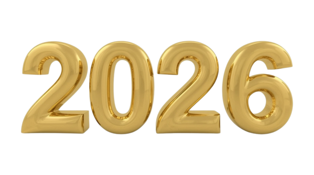 Golden 3D Number 2026 on Transparent Background. A new year celebration sign with the number 2026 - Powered by Adobe