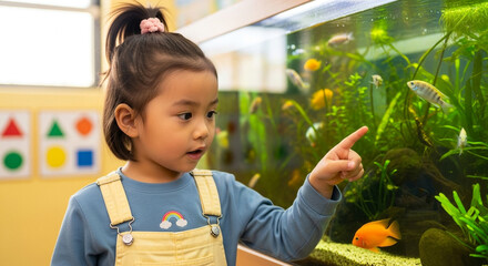 Child pointing at fish in tank, educational daycare activity and early learning experience